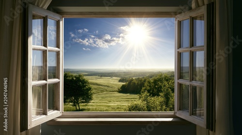 Open Window to Paradise: A wide-open window reveals a breathtaking panoramic view of a sun-drenched landscape, featuring rolling green hills, scattered trees.