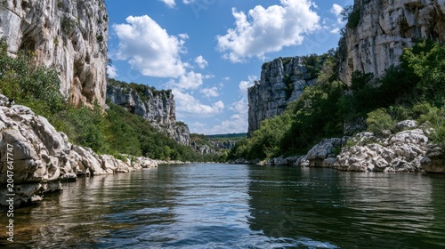 Ardèche Gorges Serenity: A tranquil river winds through the majestic Ardèche gorges, flanked by towering limestone cliffs draped in verdant foliage under a clear blue sky with fluffy clouds.