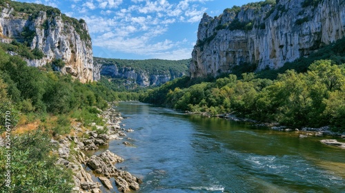 Serene River Gorge: A majestic river carves its path through a dramatic gorge, flanked by towering cliffs and lush green forests under a clear blue sky.