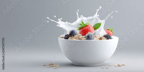 milk splashing on a white bowl with granola and fruit inside on a gray background