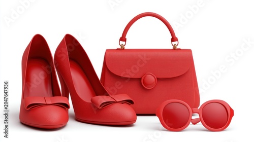 Red Fashion Accessories: A vibrant collection of red fashion essentials including high heels, a handbag, and sunglasses, displayed artfully for a stylish ensemble.