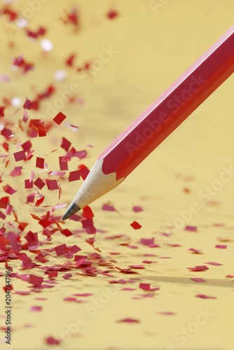 red pencil flying and shattering on a yellow background, creating confetti.