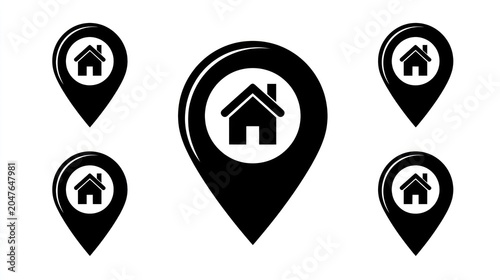 Location Icon: A collection of black location marker icons, each featuring a simple house silhouette, symbolizing home, address, or place.