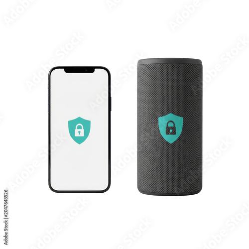 Smartphone and smart speaker with cyber security shield icon on transparent background