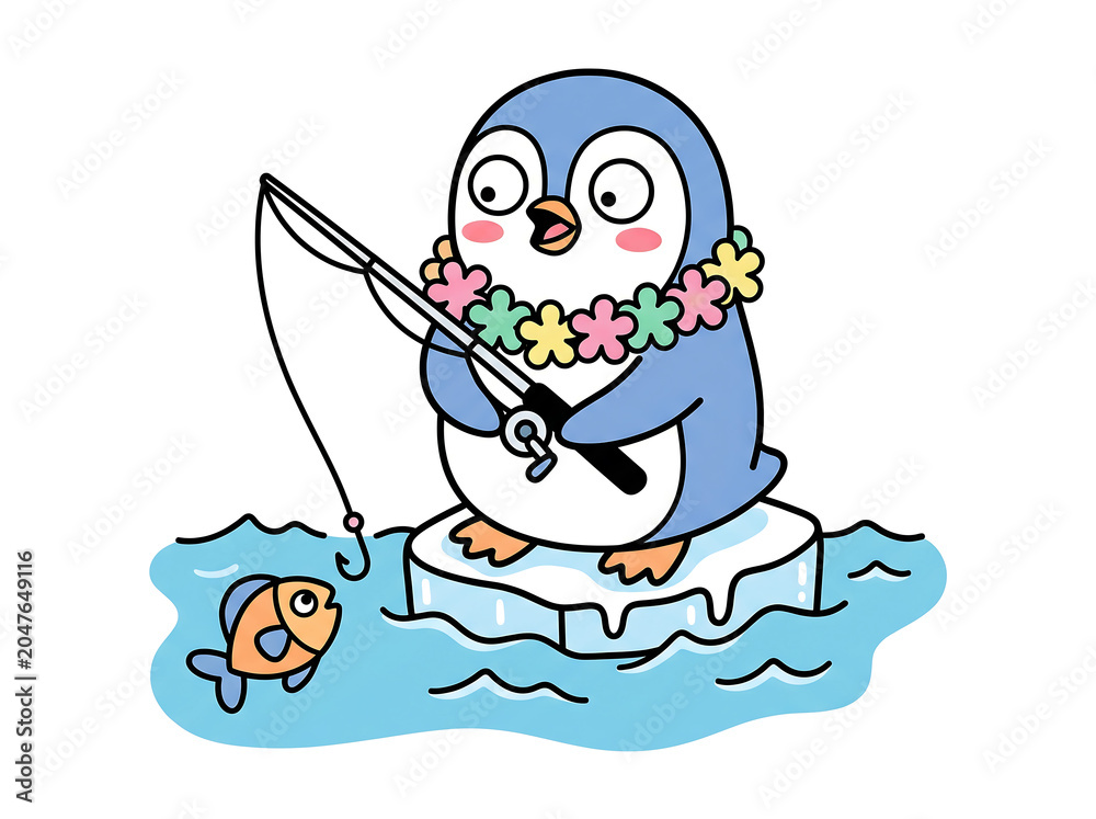 Obraz premium Happy penguin with floral garland holding fishing rod standing on floating ice block catching small orange fish in sea water in adorable kawaii style vector illustration for children book.