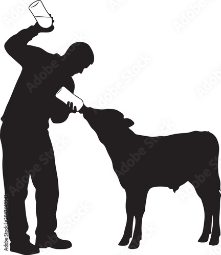 Man feeding calf from a bottle silhouette black white