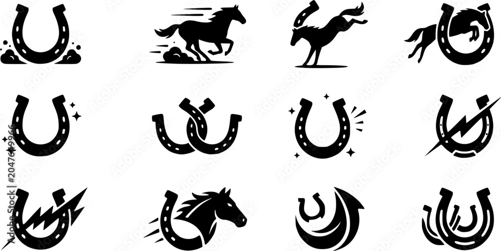 Obraz premium Horseshoe clipart silhouette icon set, flat black glyph style, pure white background