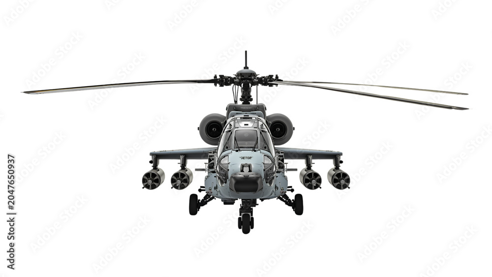 Fototapeta premium Military Helicopter Hovers Above Ground