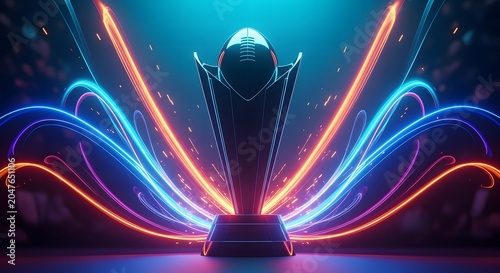 A sleek black trophy with glowing neon lights on a dark background with colorful streaks
