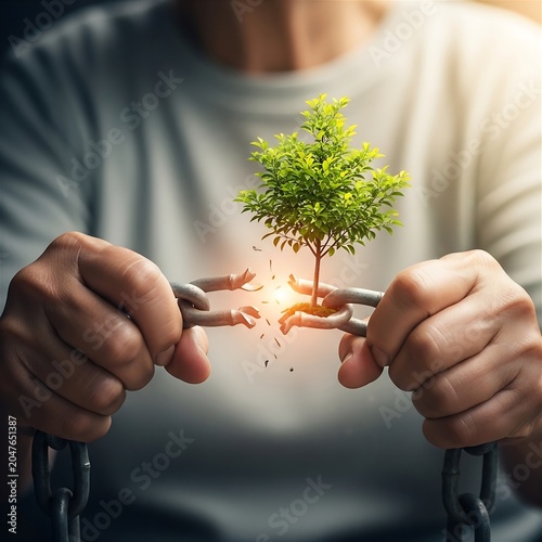 Person Breaking Metal Chain Links to Reveal Growing Young Green Tree Symbolizing Freedom and New Beginnings