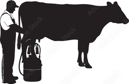 Man milking cow with machine milking machine bucket