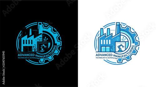 Foto Industrial factory logo with gear and cogwheel design elements.