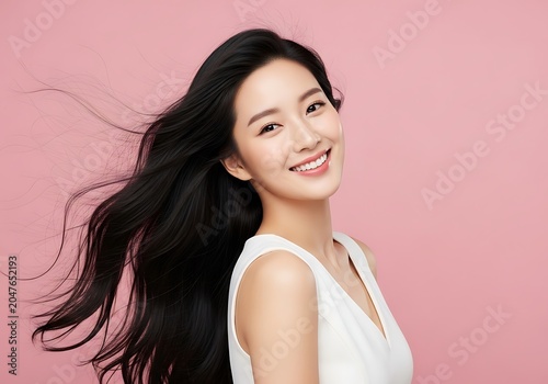 Portrait of a beautiful young asian woman with long flowing hair