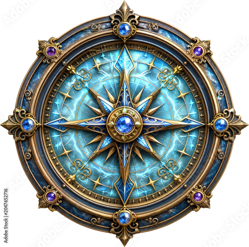 Ornate Enchanted Compass with Blue Gems Isolated on Transparent Background