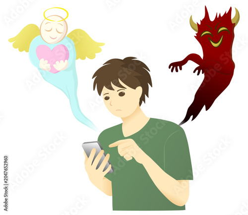 スマートフォンを操作する若い男性と、左右に現れた天使と悪魔のイメージイラスト