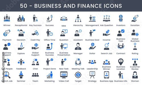 50 Business and finance icons vector. Corporate leadership, marketing, human resources, office workflow, and banking flat glyph style icon collection.