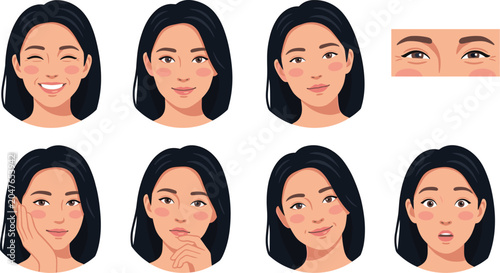 Asian Woman Facial Expressions Vector Set Featuring Avatars with Various Moods Including Happy Laughing Thinking Smiling Neutral Bored and Shocked Emotions