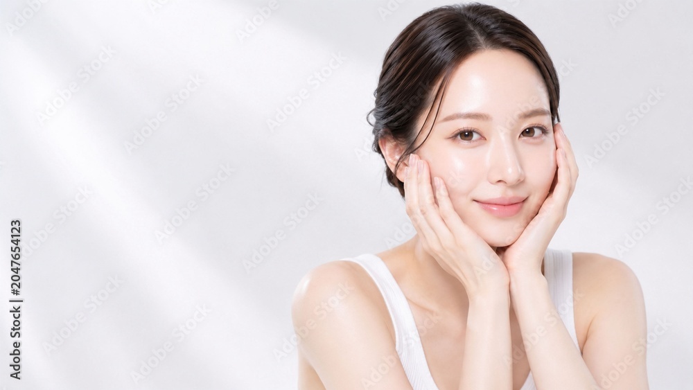 Naklejka premium 静かなライトグレーの空間で両手に顔を包み込み、澄んだまなざしとつややかな素肌を印象的に見せる若い女性。まとめ髪と白いノースリーブが清潔感を引き立て、保湿ケア、敏感肌向けスキンケア、透明感訴求の化粧品広告、フェイスケアブランド、エステや美容サロンのビジュアルに使いやすい上品な人物素材