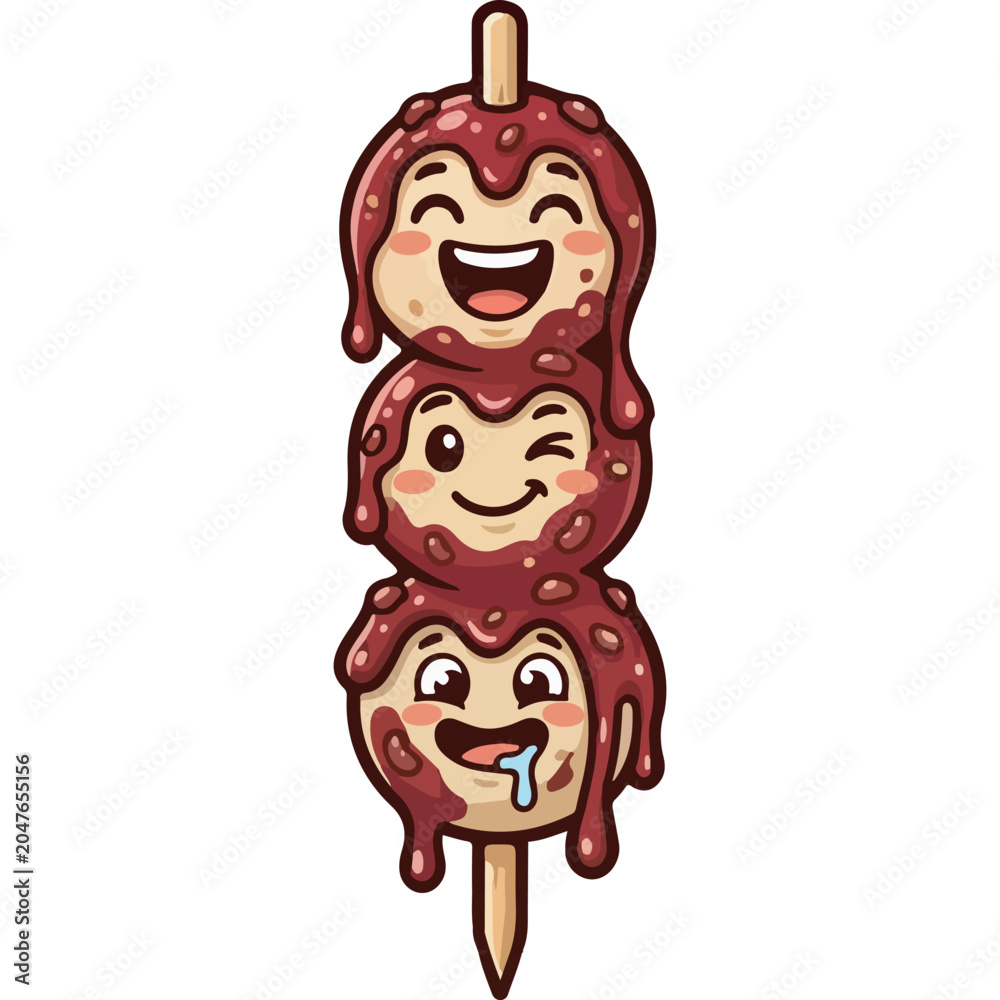 Fototapeta premium Cute Cilok Satay Mascot Character with Three Expressive Faces and Spicy Peanut Sauce, Vector Illustration