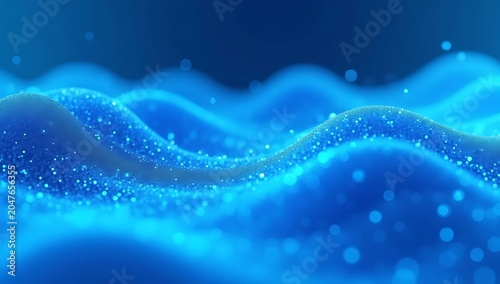Abstract Blue Waves with Glittering Particles Flowing.