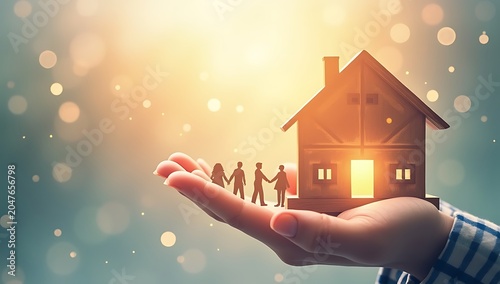 Hand holding a miniature house with a family silhouette inside, symbolizing home ownership and family security.