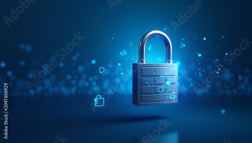 Digital Security Padlock Glowing with Blue Lights and Data Particles.