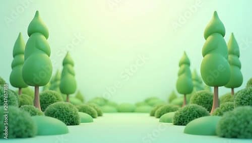 Stylized Green Forest Landscape with Smooth Trees and Bushes.