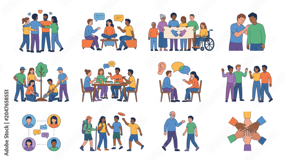 Fototapeta premium A collection of illustrations showing diverse people engaging in community activities, social interactions, support, and communication.