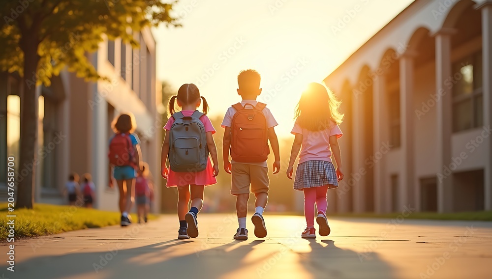 Obraz premium Children with backpacks walking towards school at sunrise.