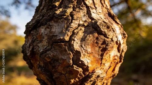 Close-up of textured tree bark in sunlight
