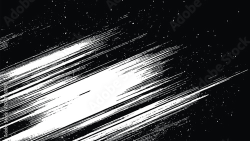 Abstract white streaks on black background with small white dots around artistic design element