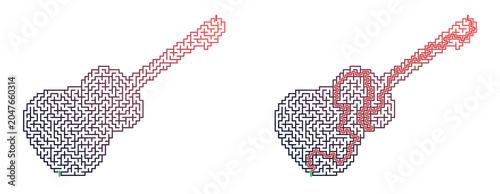 Guitar-shaped labyrinth with entry and exit paths in red outline  