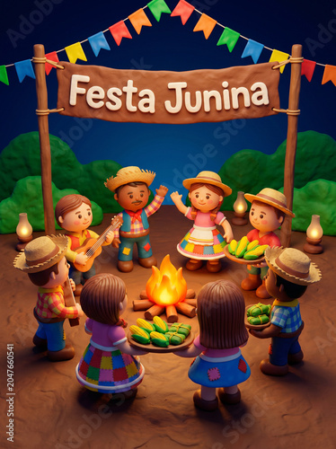 Festa Junina celebration with kids around bonfire