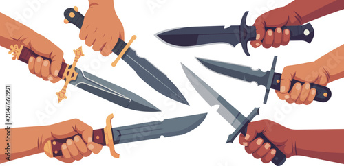 Cuadro en lienzo Vector illustration of hands holding daggers, knives, blades, sharp weapons, com