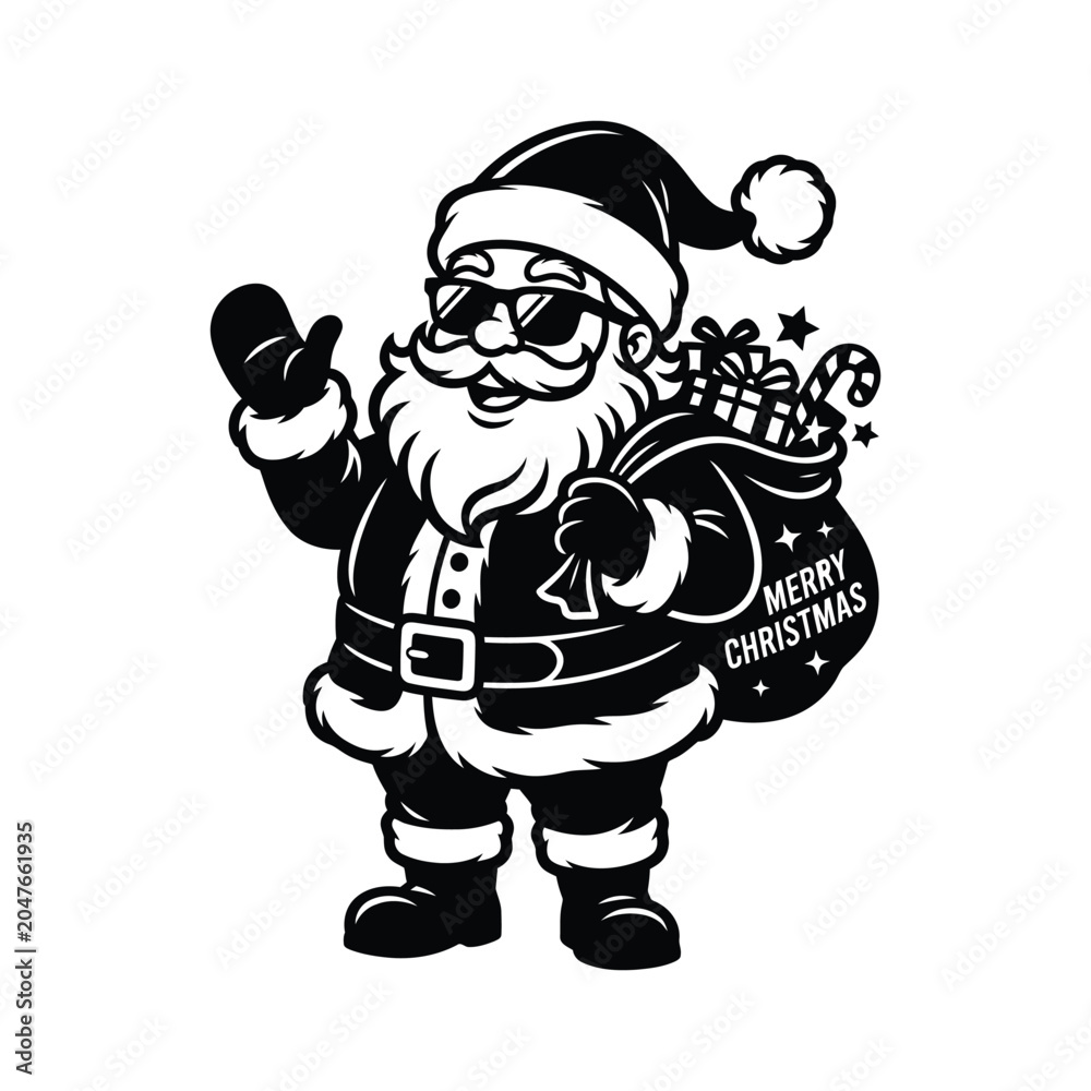 Naklejka premium Cool Santa Claus Wearing Sunglasses Waving and Carrying Merry Christmas Gift Bag Vector Illustration