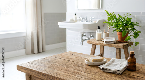 Green plant and soap on wooden stool in a bright bathroom