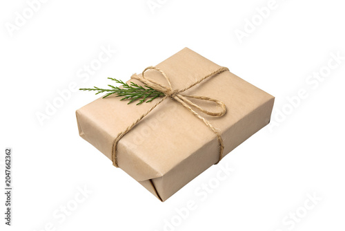 Eco Friendly Kraft Paper Christmas Gift Box Wrapped with Twine and Pine Sprig Isolated on White Background – High-Resolution Hyper-Realistic Minimalist Rustic Holiday Present Graphic Design Element