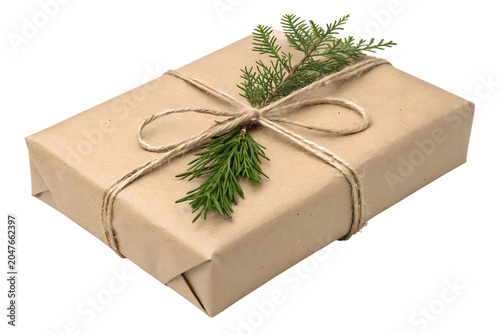 Eco Friendly Kraft Paper Christmas Gift Box Wrapped with Twine and Pine Sprig Isolated on White Background – High-Resolution Hyper-Realistic Minimalist Rustic Holiday Present Graphic Design Element