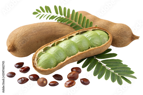 Fresh Brown Tamarind Pod with Open Green Slice Revealing Seeds and Leaf Isolated on White Background – High-Resolution Hyper-Realistic Tamarindus Indica Fruit for Culinary, Cooking, and Sour Spice Gra
