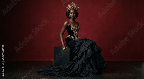 Royal fantasy queen portrait with gold tiara and black ruffled train