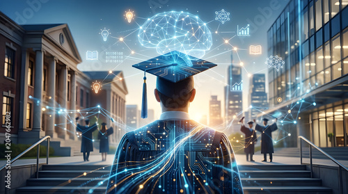 Graduation Day: A graduate in a cap and gown stands facing a futuristic cityscape, a glowing brain symbolizing knowledge and innovation hovering above.