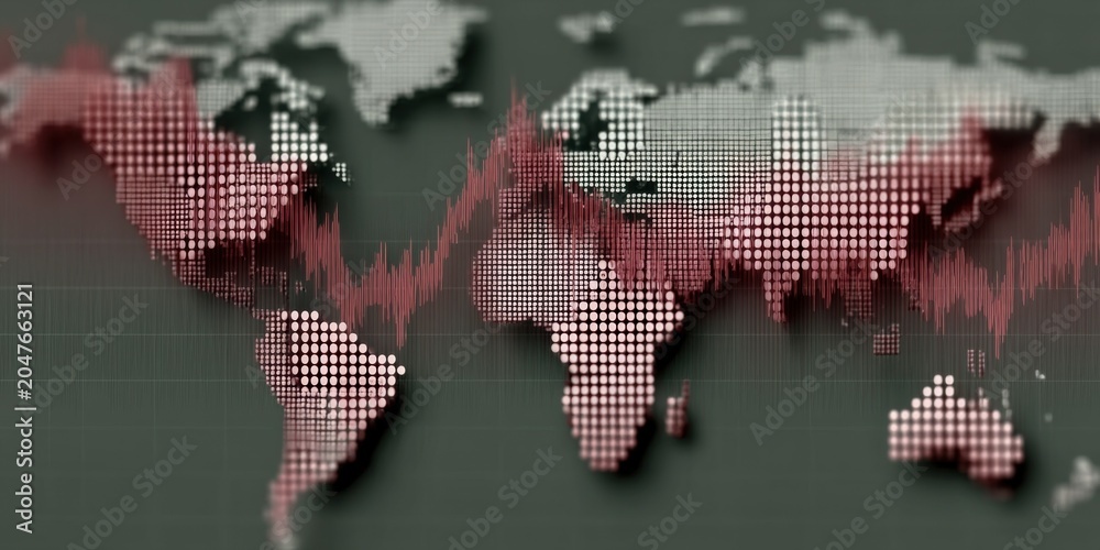 Fototapeta premium Global Economic Downturn and Financial Crisis Displayed on Digital World Map with Fluctuating Red Graph