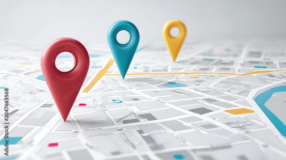 Fototapeta premium 3D colorful map pin markers indicating locations on a digital map with a road network