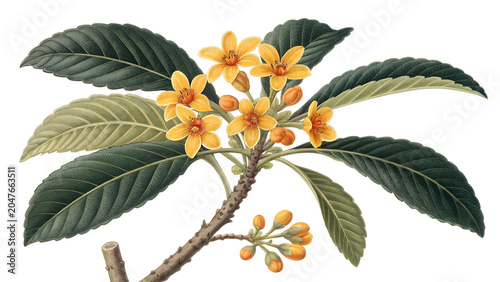 Vintage Watercolor Botanical Illustration of Blooming Yellow Flowers Branch with Green Leaves Isolated on White Background – High-Resolution Retro Floral Sprig Graphic Design Element for Cards and Pos