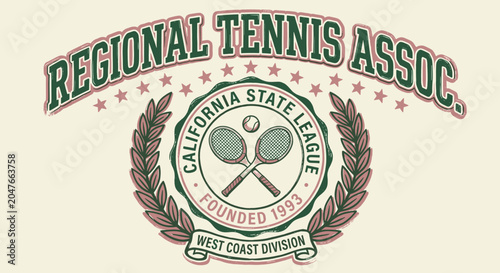 Vintage style regional tennis association logo featuring crossed rackets, a ball, laurel wreath, and stars in a retro varsity aesthetic with green and pink colors on a cream background.