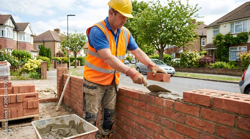 Construction worker building a brick wall outdoors