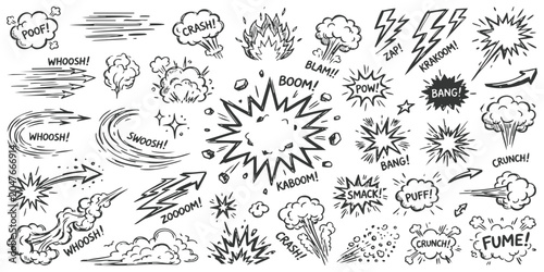 Foto Set of hand drawn comic book sound effects and action bubbles with explosions sp