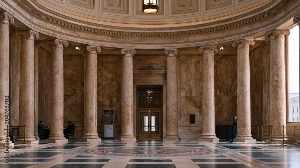 Fototapeta premium Federal courthouse rotunda echoes with footsteps of departing jury through soaring coffered ceiling, attorneys consulting near carved marble columns, security screening equipment