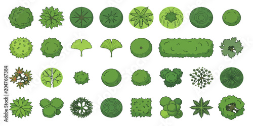 Obraz na płótnie Set of green trees and bushes top view icons for landscape design architectural