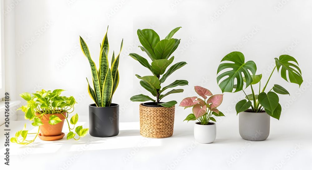 Fototapeta premium Assortment of Potted Houseplants: A curated collection of five distinct potted houseplants, including a snake plant, fiddle leaf fig, monstera, and others.